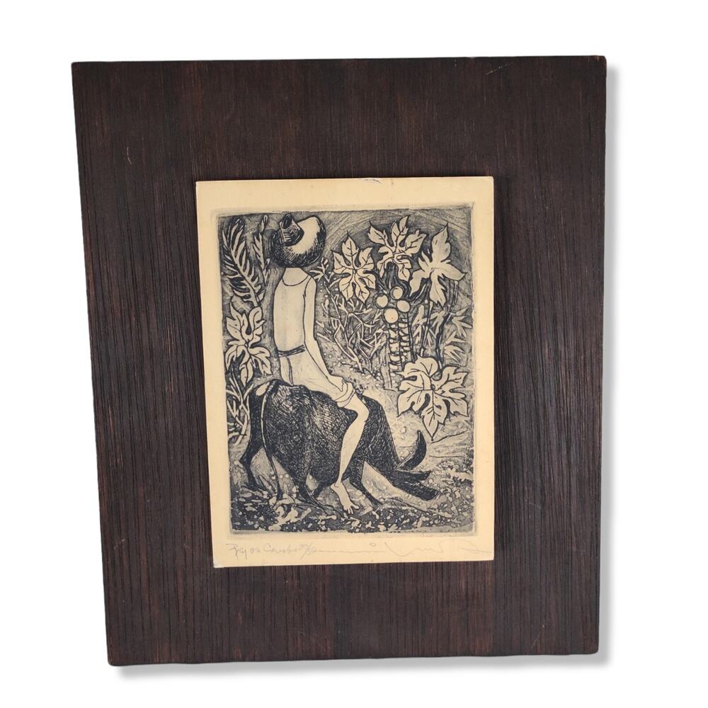 Manuel Rodriguez Sr Etching Boy on Carabao 1950s Signed 33/50 Mounted Art
